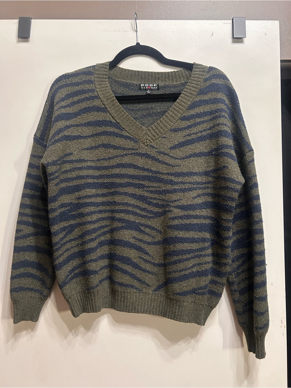 Poof! Olive & Navy V-Neck Zebra-Stripe Sweater
